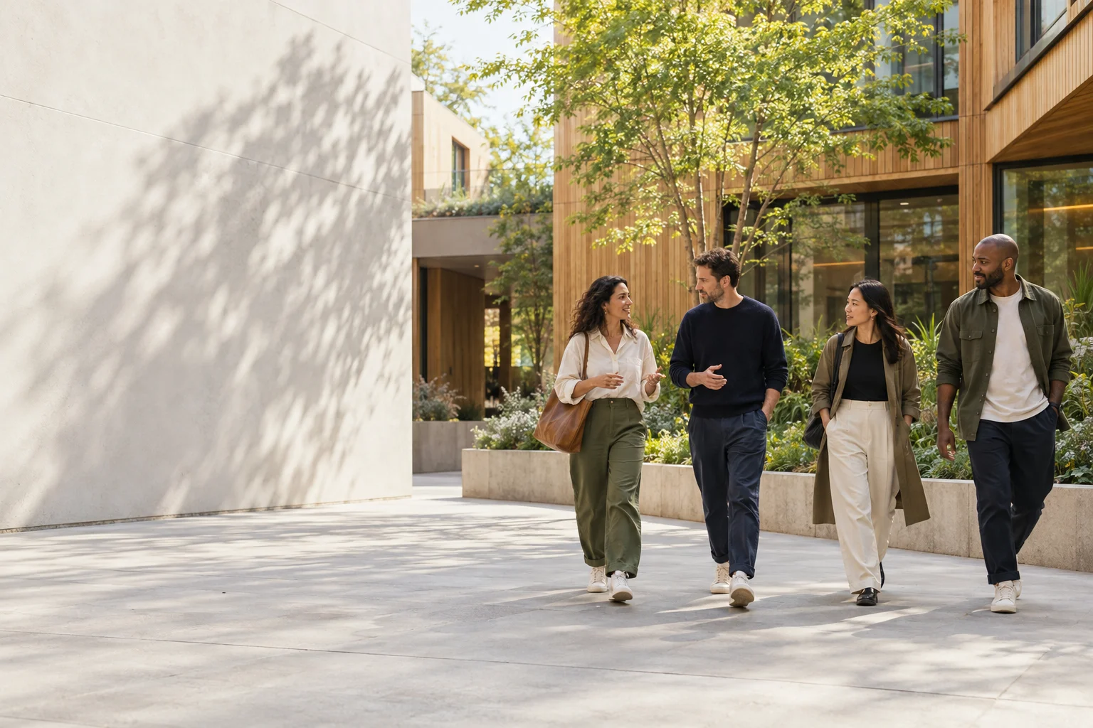 Illustrative scene of four people walking through a contemporary timber courtyard with greenery.