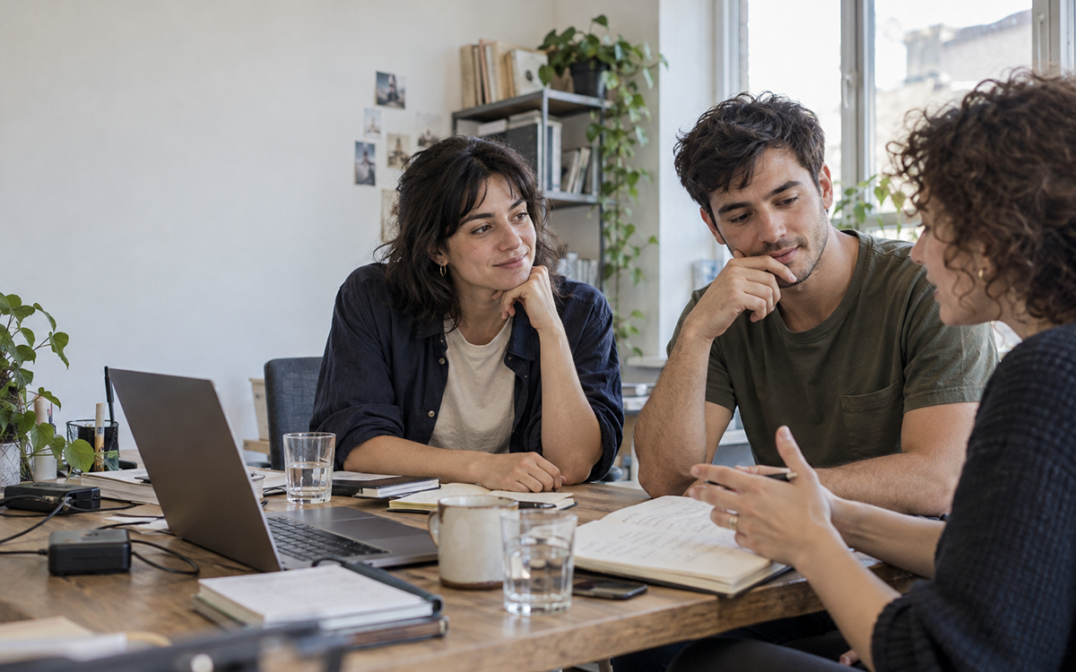 Three people discussing work around a table.