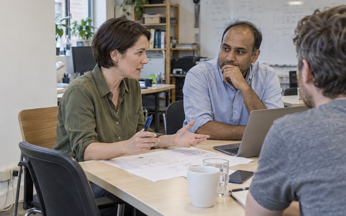 People discussing work at a table in an office.
